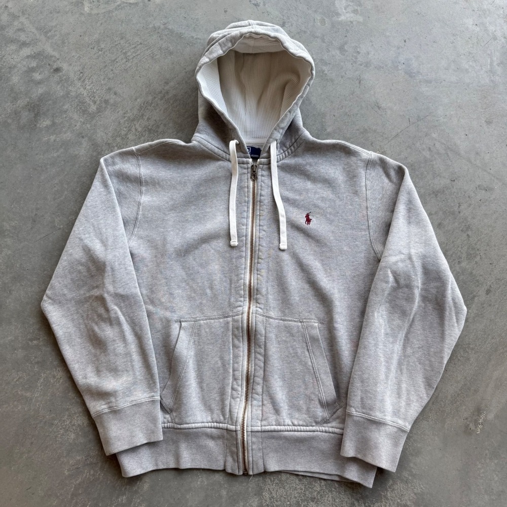 Vintage Polo Ralph Lauren Full Zip Hoodie Gray Waffle Lined Sweatshirt Mens L